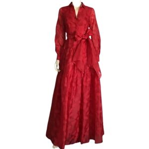 °$5,200 CAROLINA HERRERA RED SILK LEAF LONG SLEEVE RUNWAY DRESS GOWN 2